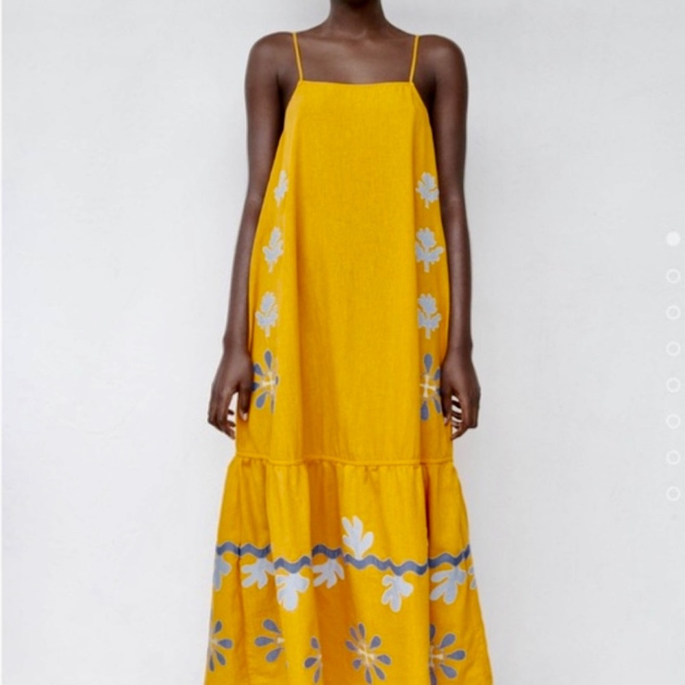 Zara Mustard Yellow Boho Limited Edition Sundress with Periwinkle Flowers